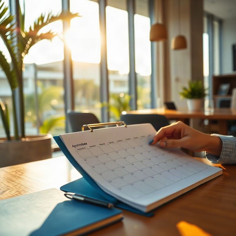 Agenda de compromissos sobre mesa de madeira com caderno azul